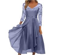 Azruma Damen Kleider Cocktailkleid Damen Kleider Hochzeitsgast Damen Strickkleider Für Damen Frauen Elegant Chiffon Leinen Patchwork A-Linie Swing Midi Kleid Kleid Damen Grün (Blau, L)