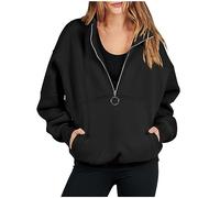 Azruma Damen Langarmshirt Weihnachtsshirt Damen Flauschiger Pullover Damen Frauen Einfarbig Half Zip Stehkragen Langarm Pulli Mit Taschen Elegante Herbst Winter Zip Pullover XXL Hoodie (Schwarz, XL)