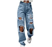 Azruma Damen mode Hohe Taille Destroyed Jeans Hose mode Atmungsaktiv dünne zerrissen Baggy Jeans Y2k Mode Loose Straight Jeanshose Straight Fit Bootcut-Hose Freizeit Lange gerade Weite Bein Hosen