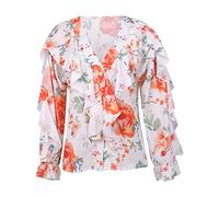 Azruma Damen Oberteile Elegant Fledermaus Shirt Damen Tshirt Damen Oversize Damen Chiffon Mode Bedruckt V-Ausschnitt RüSchen KnöPfleiste Langarmshirt Klassische Hemd Weisse Tshirts Damen (Orange, S)