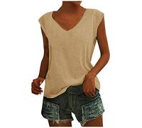 Azruma Damen Oberteile Elegant Sport Tank Top Damen Long Shirt Damen Lang Damen Locker Einfarbig V-Ausschnitt Kuzarm Tops Sommer T-Shirt Regular Fit Oberteile Schwarze Bluse Damen Elegant (Gelb, XL)