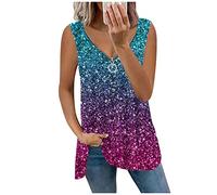Azruma Damen Oberteile Elegant T Shirt Kleid Kurz Damen Bodybuilding Shirt Sexy Mode Drucken V-Ausschnitt ÄRmelloses Tank Top Mit ReißVerschluss LäSsige Oberteile Mit Zipper Strandtunika (2-Blue, XL)