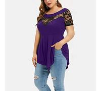 Azruma Damen Oberteile Elegant Top Damen Schwarz Shirt Langarm Damen Oversize Spitze Hollow Out Rundhals Kurzarm Asymmetrisches Einfarbig Plissee Bluse Damenblusen 3/4 Arm (1-Purple, M)