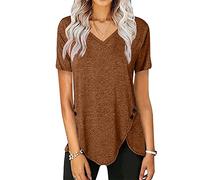 Azruma Damen Oberteile Elegant Top Weiss Damen Tops Damen Elegant Einfarbig V-Ausschnitt Kurzarm Asymmetrisches ÜBergrößE Shirt Mit KnöPfen Blusenshirt Damen 3/4 Arm (Braun, XXL)