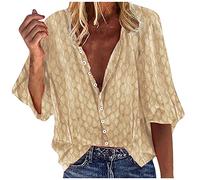 Azruma Damen Oberteile Sommer Damen Sport T-Shirt Wandershirt Damen Atmungsaktiv Damen Elegant Langarm Drucken Umlegekragen KnöPfleiste Hemd Boho Bluse Damen (Gelb, XL)