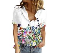 Azruma Damen Oberteile Sommer Schwarzes Top Damen Laufshirt Damen Langarm Casual Leinen Drucken Button-Down Stehkragen Kurzarm Oberteile FüR Frauen T Shirt Mit SprüChen (1-Multicolor, XXL)