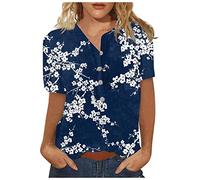 Azruma Damen Oberteile Sommer Spitzen Top Damen Pullover Damen Casual Leinen Rundhals Button Down Drucken Kurzarmshirt Mit Brusttasche Lange Blusen Damen (1-Navy, S)