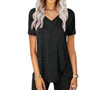 Azruma Damen Oberteile Sommer Top Schwarz Damen Sommerkleid Damen Elegant Einfarbig V-Ausschnitt Kurzarm Asymmetrisches ÜBergrößE Shirt Mit KnöPfen Spitzenbluse Damen (Schwarz, 4XL)