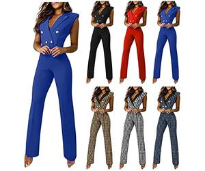 Azruma Damen Overall mode Farbblock Slim fit Business Jumpsuit Elegant Kurze Ärmel Revers Hosenanzug Skinny Fit Vintage Knopf Playsuit Lässige Büro Formal Romper Casual Outfits Anzug
