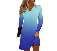 Azruma Damen Sale Angebote, Kleid Damen Sommer Sommerkleider Bluse Kleid V-Ausschnitt Gradient Knopfleiste Minikleid Lässiges Leichtes Lange Ärmel Kleid Damen Elegant Maxikleid Langarm(Royal Blue,M)