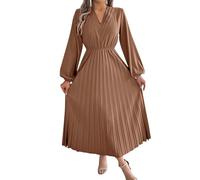 Azruma Damen Sale Angebote, Sommerkleid Midi Kleider Damen Einfarbig Stehkragen Herbst Lange Ärmel Plissee Kleid Elegant Partykleid Hochzeitsgast Kleid Damen Maxikleid Langarm(Coffee,S)