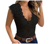 Azruma Damen Spitzen Crop Top Sexy Spitze V-Ausschnitt Schulterfrei Weste Loose Tank Top with Stickerei Einfarbig