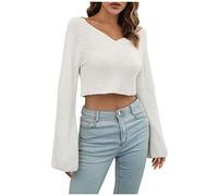 Azruma Damen Strickpullover Winter Sexy Gestrickte V-Ausschnitt Trompetenärmel Kurze Sweater Elegant Locker Langarm Pullover Warm Einfarbig Strickpulli Pulli Langarmshirt Rollkragenpullover