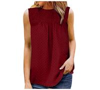 Azruma Damen Top Lang Damen Shirt Kurzarm LäSsig Uv Shirt Elegant Einfarbig Swiss Dot Plissee Rundhals ÄRmelloses Tank Top LäSsige ÄRmellos Oberteile Bluse Pink (1-Wine, L)