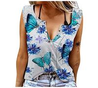 Azruma Damen Top Lang Sport Shirt Damen Umstandsshirt Elegant Schmetterling Drucken V-Ausschnitt ÄRmelloses Racerback Tanktop Mit Knopfleiste Musselin Bluse (1-Sky Blue, XL)