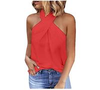 Azruma Damen Tops Set Shein Damen Oberteile Tanktops Damen Sommer Tunika Damen große größen Criss Cross Halter Ärmellos Cami Wrap Top Slim Fit Einfarbig Crop Top blusentops (Rot, L)