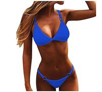Azruma Damen Triangel Bikini Einfarbig Sexy Sling Metallring Zweiteilige Brazilian Badeanzug mit String Push Up Beachwear Swimsuit V Ausschnitt Neckholder Bademode mode Beachwear Swimsuit