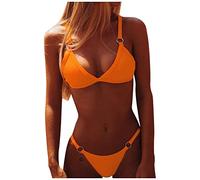 Azruma Damen Triangel Bikini Einfarbig Sexy Sling Metallring Zweiteilige Brazilian Badeanzug mit String Push Up Beachwear Swimsuit V Ausschnitt Neckholder Bademode mode Beachwear Swimsuit