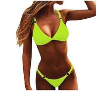 Azruma Damen Triangel Bikini Einfarbig Sexy Sling Metallring Zweiteilige Brazilian Badeanzug mit String Push Up Beachwear Swimsuit V Ausschnitt Neckholder Bademode mode Beachwear Swimsuit