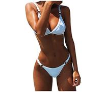 Azruma Damen Triangel Bikini Einfarbig Sexy Sling Metallring Zweiteilige Brazilian Badeanzug mit String Push Up Beachwear Swimsuit V Ausschnitt Neckholder Bademode mode Beachwear Swimsuit