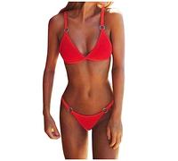 Azruma Damen Triangel Bikini Einfarbig Sexy Sling Metallring Zweiteilige Brazilian Badeanzug mit String Push Up Beachwear Swimsuit V Ausschnitt Neckholder Bademode mode Beachwear Swimsuit