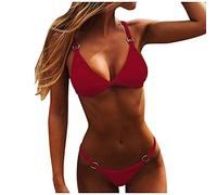 Azruma Damen Triangel Bikini Einfarbig Sexy Sling Metallring Zweiteilige Brazilian Badeanzug mit String Push Up Beachwear Swimsuit V Ausschnitt Neckholder Bademode mode Beachwear Swimsuit