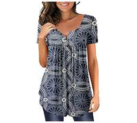 Azruma Damen Unterhemden Basic Top Damen Damen Langarmshirt Elegant Drucken/Glitzer Plissee Button Down V Ausschnitt Kurzarm GroßE GrößEn Shirt T Shirt Damen 3/4 Arm (2-Navy, XXL)