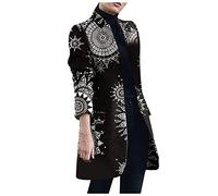 Azruma Damen Wollmantel Lang Vintage Drucken Revers Einreiher Langarm Mäntel mit Tasche Elegante Locker Outdoor Blazermantel Herbst Winter Warmer Trenchcoat Trenchjacke Windjacke Übergangsmantel