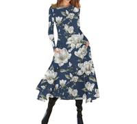 Azruma Damenbekleidung Sale, Boho Kleid Strandkleid Blumendruck Rundhals Langarm Kleid Elegant Tunika Maxikleid Mit Tasche Kleid Hochzeitsgast Damen Damen Sommerkleid(Dark Blue,L)