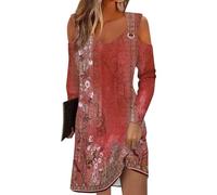 Azruma Damenbekleidung Sale, Midi Kleid Damen Sommer Kleid Hochzeitsgast Damen Blumendruck V-Ausschnitt Langarm Bluse Kleid Lässiges Mini Eyelet Kleider Boho-Kleid Schicke Sommerkleider(Red,L)