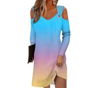 Azruma Damenbekleidung Sale, Sommerkleid Damen Strandkleid Farbverlaufsdruck V-Ausschnitt Lange Ärmel Kleid Casual Minikleid Hochzeitsgast Kleid Damen Boho Kleider Damen Sommer(Multicolor,L)