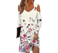 Azruma Damenbekleidung Sale, Summer Dress Sommerkleid Damen Leicht Und Luftig Blumendruck V-Ausschnitt Langarm Bluse Kleid Lässiges Mini Eyelet Kleider Kleid Hochzeitsgast Damen Sommerkleid (Pink,M)