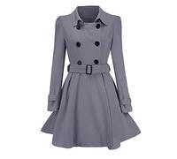 Azruma Damenmantel Damen Jacke Frühling Regenjacke Damen Wasserdicht Frauen Warme Einfarbig Zweireiher Revers Langer Mantel Mit Gürtel Slim Fit Winddicht Langarm Wollmantel Mit Knöpfen (2-Gray, L)