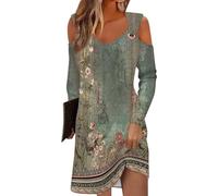 Azruma Damenmode Sale, A Linien Kleid Damen Sommer Sommerkleid Damen Elegant Blumendruck V-Ausschnitt Langarm Bluse Kleid Lässiges Mini Eyelet Kleider Boho Kleid Damen Sommer Kleid(Army Green,3XL)
