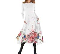 Azruma Damenmode Sale, Boho-Kleid Abendkleider Elegant Für Hochzeit Blumendruck Rundhalst Mixikleid Taille Langes Kleid Mit Tasche Mädchen Kleid Italienische Kleider Damen(Hot Pink,XL)