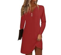 Azruma Damenmode Sale, Boho-Kleid Sommerkleid Damen Knielang Bluse Kleid V-Ausschnitt Gradient Knopfleiste Minikleid Lässiges Leichtes Lange Ärmel Sexy Kleid Damen Maxikleid Langarm(Red,XL)