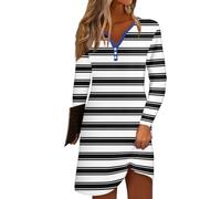 Azruma Damenmode Sale, Boho Kleid Sommerkleid Damen Leicht Und Luftig V-Ausschnitt Streifenprint Knopfleiste Minikleid Casual Leichte Bluse Kleid Damen Kleid Etuikleid Damen Sommer(Black,3XL)