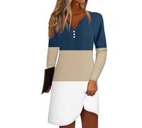 Azruma Damenmode Sale, Sommerkleid Damen Knielang Sommerkleider V-Ausschnitt Streifenprint Knopfleiste Minikleid Casual Leichte Bluse Kleid Kleid Festlich Damen Italienische Kleider Damen(Navy,XL)