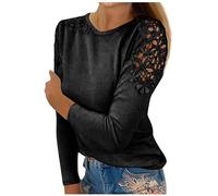 Azruma Depeche Mode T-Shirt Shirt Busenfrei Hemdbluse Damen Lang Frauen Einfarbig Rundhals Spitze Langarm Pullover Warm Herbst Winter Loose Sweatshirt Gym Set (3-Dark Gray, L)