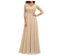 Azruma Dresses for Women Strandkleid Damen GroßE GrößEn Lila Kleid Damen Sexy Chiffon Spitze Patchwork RüCkenfrei V-Ausschnitt Swing Bodenlang Brautjungfernkleider Tanzkleid Damen (Beige, XL)