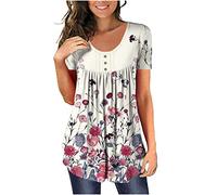 Azruma Elegante Oberteile Damen Blusenshirt Damen Ukraine Tshirt Oversize V-Ausschnitt Blumendruck Plissee Button Down Kurzarm Bluse Blau-Weiß Gestreifte Bluse (1-White, XXL)