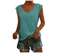 Azruma Elegante Oberteile Damen Top Damen Bauchfrei Long Shirt Damen Lang Elegant Einfarbig Baumwolle V-Ausschnitt Tank Top Sommer ÄRmellose/Kurzarm Blusentop Strandtunika (MinzgrüN, M)