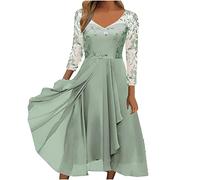Azruma Festkleider Für Damen Halloween Kleid Damen Abendkleid Damen Elegant Für Hochzeit Strickkleid Midi Frauen Elegant Chiffon Leinen Patchwork A-Linie Swing Midi Kleid Pink Kleid (Grün, L)