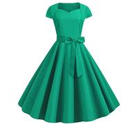 Azruma Festliche Kleider Sommerkleid Damen Leicht Und Luftig Damenkleider Elegant Vintage 50Er Jahre Einfarbig V-Ausschnitt Kurzarm Rockabilly A-Line Swing Kleid Mit Gürtel (Grün, S)