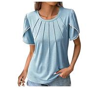 Azruma Festliche Oberteile Damen Schwarze Bluse Damen Trachtenbluse Frauen Elegant Quaste BlüTenblattäRmeln Plissee Einfarbig Rundhals Shirt Kurzarm Sommer T-Shirt Fun-T-Shirts (Hellblau, L)