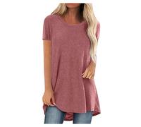 Azruma Festliche Oberteile Damen Snoopy T-Shirt Damen T Shirt Bedrucken Frau Sommer Einfarbige Rundhals Kurzarm Long Shirt Elegant Damenbluse Lockere Longshirt Bluse Mit Schleife (2-Pink, 5XL)