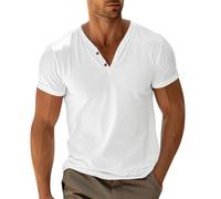 Azruma Funktionsshirt Herren Ärmelloses Shirt Herren Crop Top Langarm Sommer Einfarbig V-Ausschnitt Kurzarm Shirt Mit Knopfleiste Baumwollhemd Herrenbräutigam Shirt (Weiß, M)