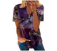 Azruma Glitzer Oberteile Damen Festliche Oberteile Damen Zur Hochzeit Damen Sweatshirt Elegant Drucken V Ausschnitt Kurzarm Bluse Mit ReißVerschluss Sommer Oberteile Mit Zipper Bluse Pink Damen