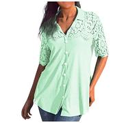 Azruma Glitzer Oberteile Damen Sexy Oberteil Damen Tunika Damen GroßE GrößEn Elegante Einfarbige Plissee V Ausschnitt Spitze Patchwork Halben ÄRmeln Revers Tshirt Mit Knopfleiste Blusen & Tuniken