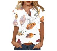 Azruma GroßE GrößEn Damen Oberteile Blusenshirt Damen Sweatshirts FüR Damen Casual Leinen Rundhals Button Down Drucken Kurzarmshirt Mit Brusttasche Spaghetti Top Damen (2-Orange, XL)